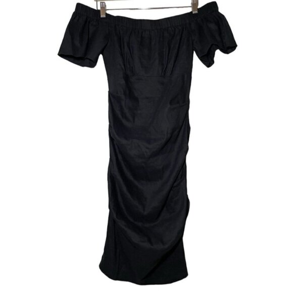 Artelier Nicole Miller Off The Shoulder Black Linen Ruched Dress size 4 - Picture 1 of 8